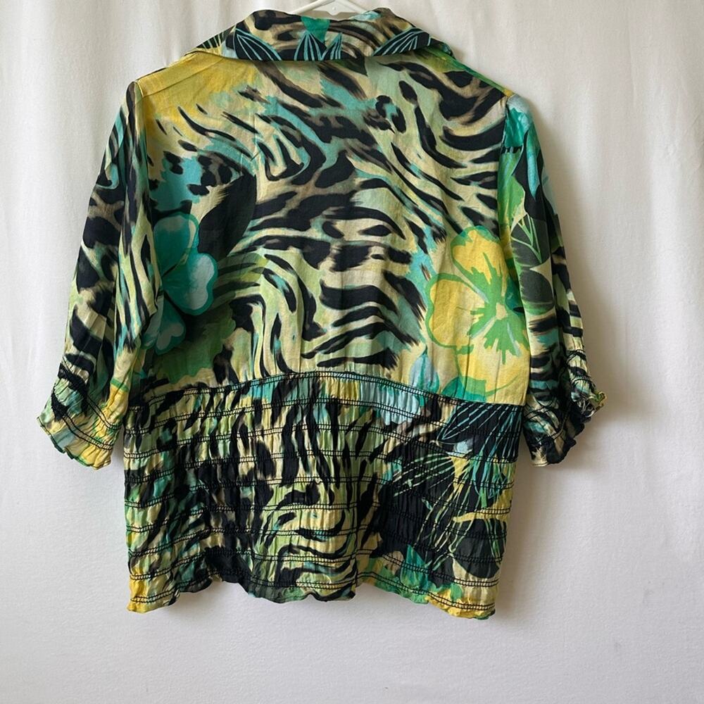Cache Tropical Animal Print Smocked Blouse | Women Size M | Green, Yellow, Black - Picture 2 of 4